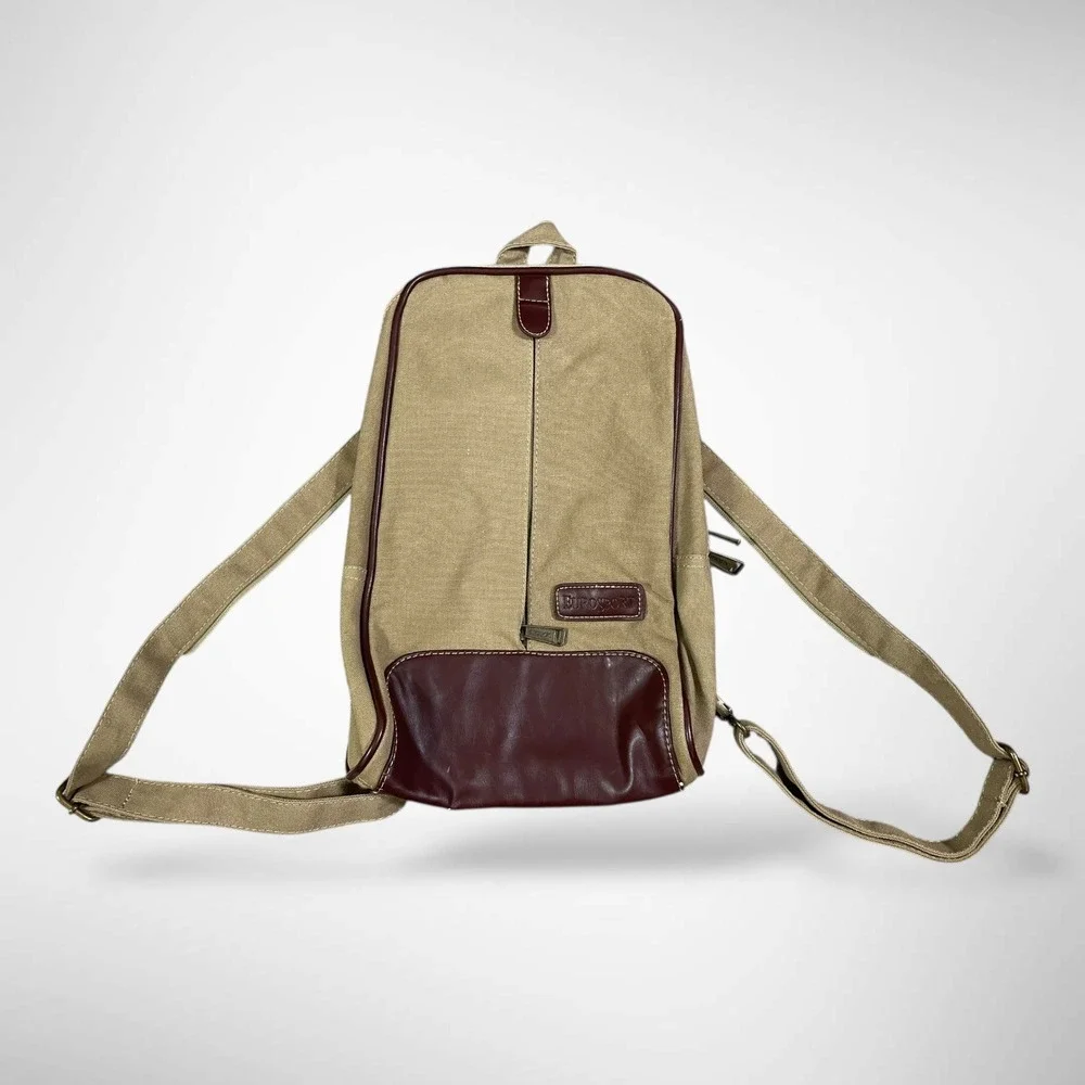 Eurosport Canvas‎ Sling Backpack Tan Brown Faux Leather Zip Vintage Travel